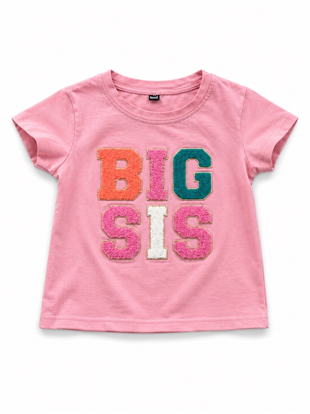 Girls Big Sis T-Shirt Pink Chenille Letter Graphic Tee Short Sleeve Top Size 6